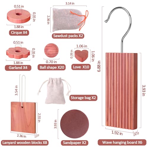 Woodever Cedar Blocks for Clothes Storage 56 Pcs, 100% Aromatic Planks with Metal Hooks, Cedar Wood Chips and Balls for Closets and Drawers, Fresh Scented Sachets - Image 2