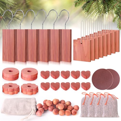 Woodever Cedar Blocks for Clothes Storage 56 Pcs, 100% Aromatic Planks with Metal Hooks, Cedar Wood Chips and Balls for Closets and Drawers, Fresh Scented Sachets - Image 1