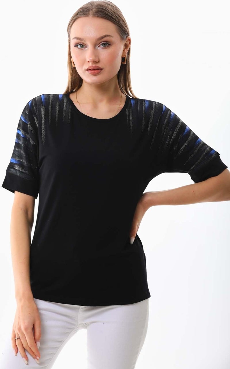 Women's Sleeve Patterned Bike Neck Blouse 19381 Black