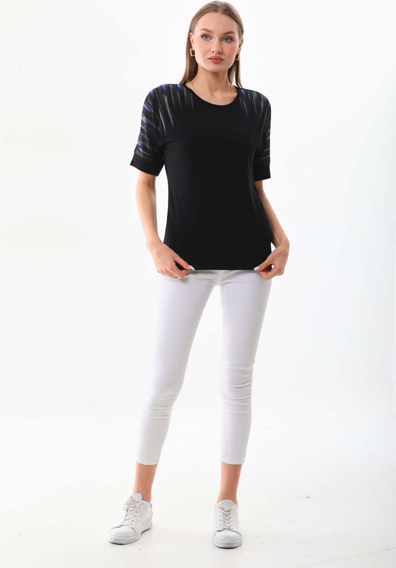 Women's Sleeve Patterned Bike Neck Blouse 19381 Black