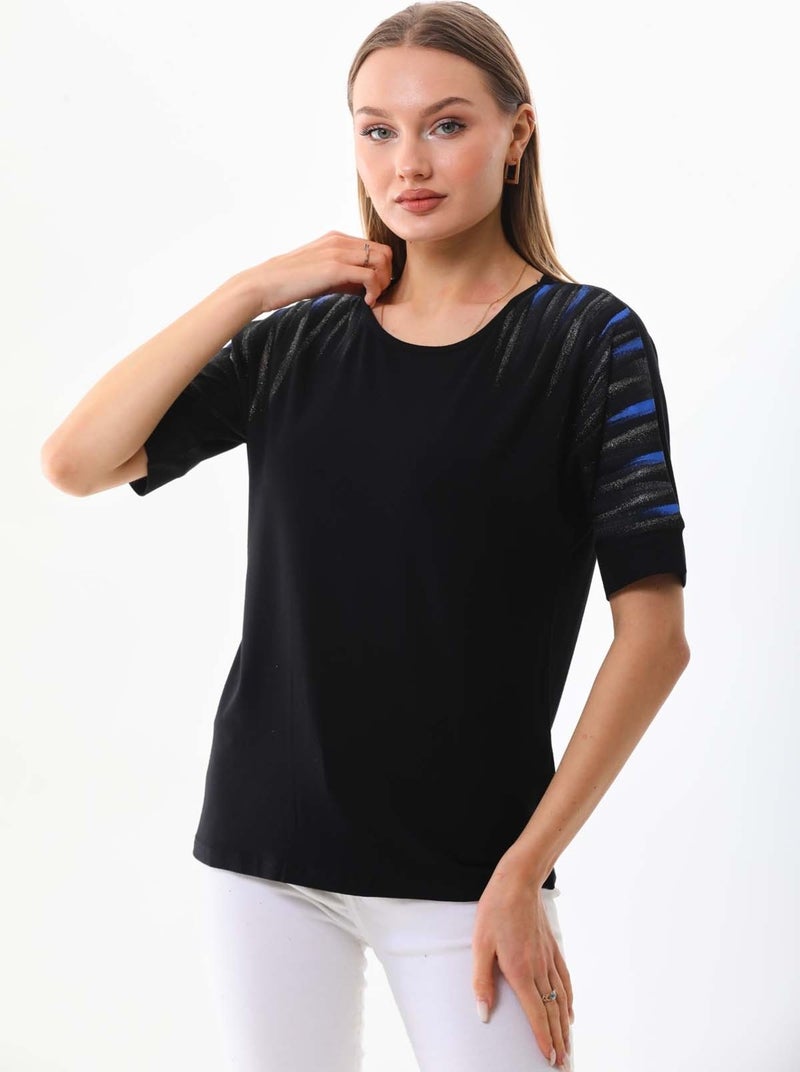 Women's Sleeve Patterned Bike Neck Blouse 19381 Black