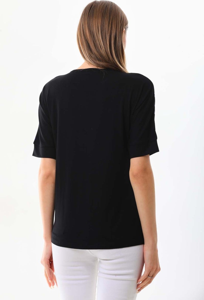 Women's Sleeve Patterned Bike Neck Blouse 19381 Black