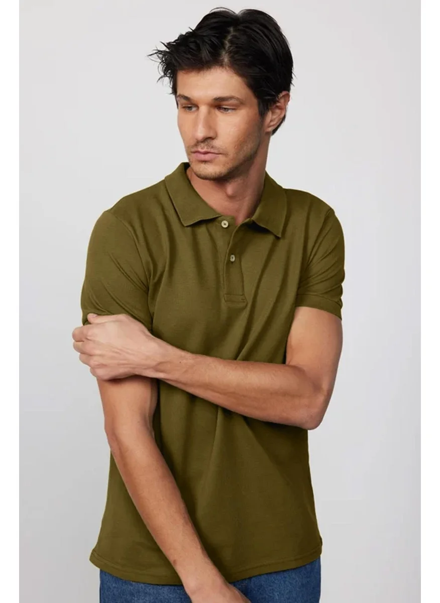تودورس Men's Slim Fit Slim Cut 100% Cotton Plain Pique Khaki Polo Neck T-Shirt