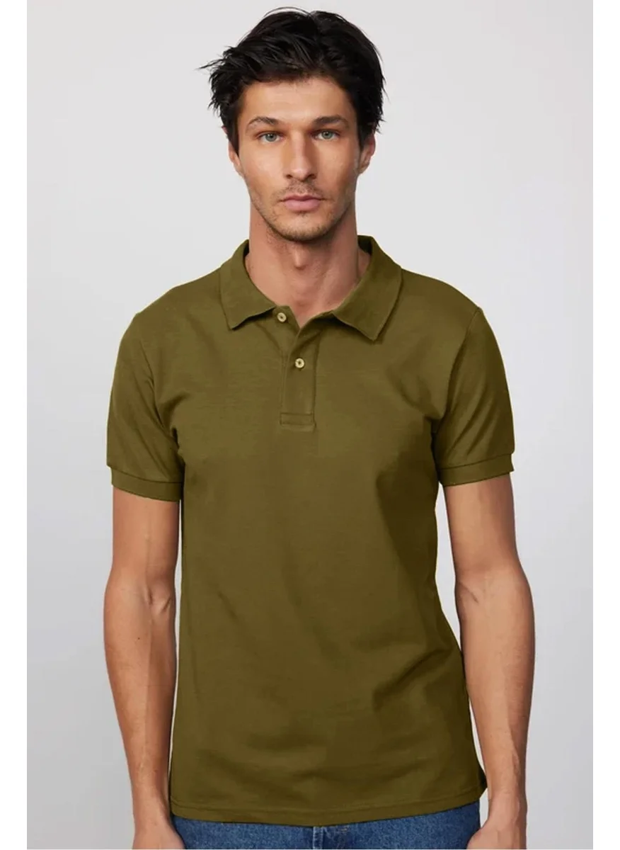 تودورس Men's Slim Fit Slim Cut 100% Cotton Plain Pique Khaki Polo Neck T-Shirt