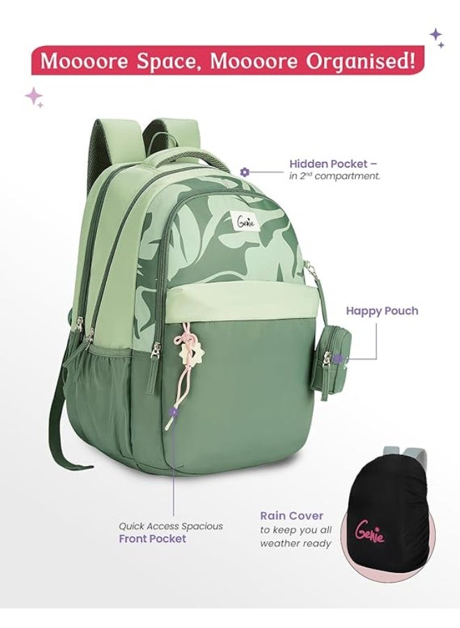 Genie Alba School Backpack For Girls |19 Inch-40 Litres With Laptop Sleeve, Rain cover, Three Compartments, |Best for Books, Water Bottles, Stationery, Laptop, Lunch Box & Essentials - Green - Image 2