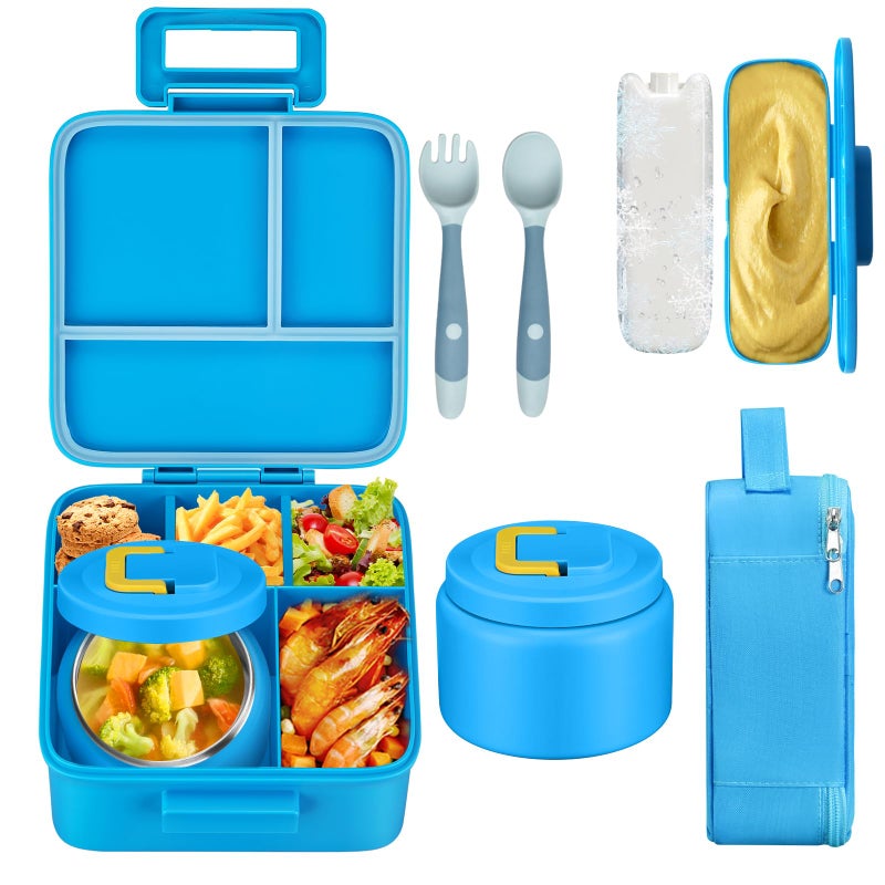 MAISON HUIS Kids Bento Lunch Box Set With 8oz Soup Thermo Leakproof Lunch Containers with 5 Compartment Thermo Hot Food Jar and Insulated Lunch Bag BPA FreeTravel School Blue
