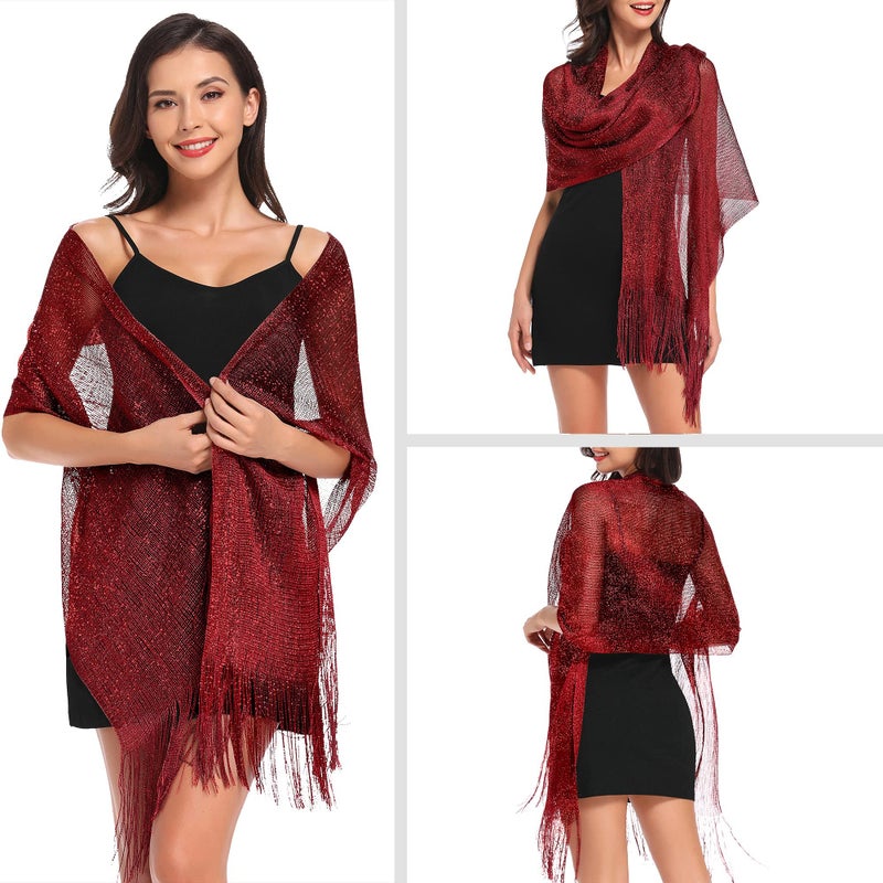 vimate Shawls and Wraps for Women, Burgundy Sparkling Metallic Evening Scarfs Shawls and Wraps for Party Dresses (Burgundy) - Image 4