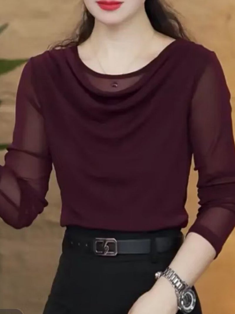 Dropshipping 2025 Autumn New Style Crew Neck Long Sleeve T-Shirt for Women, Stretch Mesh Base Shirt, Mom''s Top - Image 2