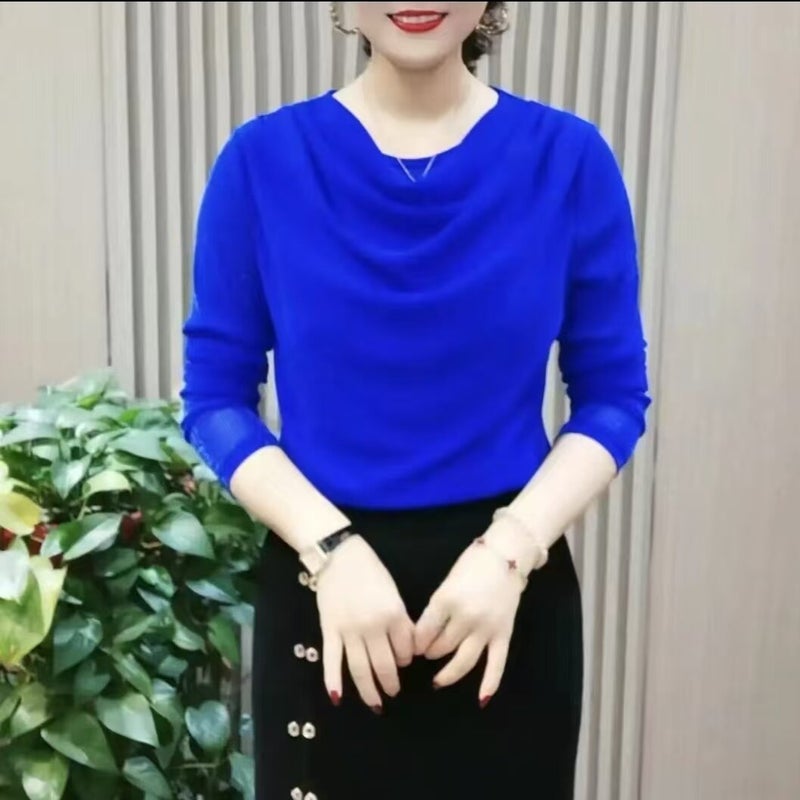 Dropshipping 2025 Autumn New Style Crew Neck Long Sleeve T-Shirt for Women, Stretch Mesh Base Shirt, Mom''s Top - Image 1