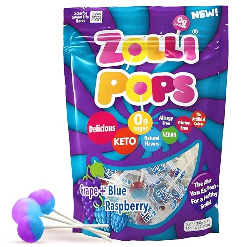 Zollipops Clean Teeth Pops Sugar Free Candy DyeFree Lollipops  Keto  DiabeticFriendly DentistApproved Treats for Kids Blue RaspberryGrape 52 oz - Image 1