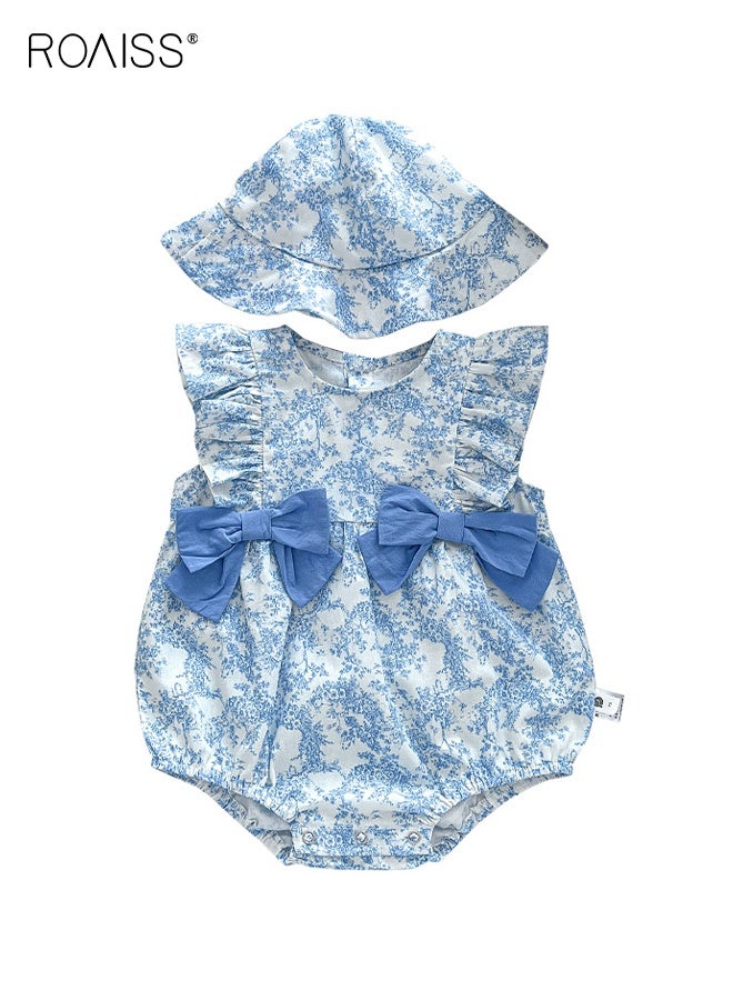 رويس بدلة صيفية للطفلة الرضيعة مع قبعة، رومبر بأكمام كشكش مزين بكشكش مع عقدة على شكل عقدة، بذلة مريحة من قطعة واحدة، طقم ملابس صيفية أنيقة للبنات الصغيرات - Image 1