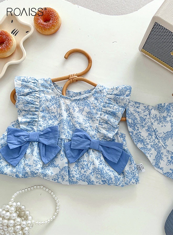 رويس بدلة صيفية للطفلة الرضيعة مع قبعة، رومبر بأكمام كشكش مزين بكشكش مع عقدة على شكل عقدة، بذلة مريحة من قطعة واحدة، طقم ملابس صيفية أنيقة للبنات الصغيرات - Image 5