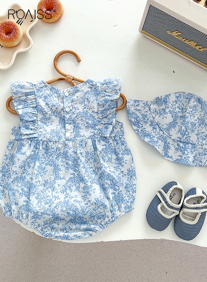 رويس بدلة صيفية للطفلة الرضيعة مع قبعة، رومبر بأكمام كشكش مزين بكشكش مع عقدة على شكل عقدة، بذلة مريحة من قطعة واحدة، طقم ملابس صيفية أنيقة للبنات الصغيرات - Image 4