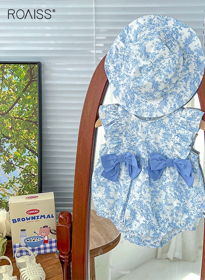 رويس بدلة صيفية للطفلة الرضيعة مع قبعة، رومبر بأكمام كشكش مزين بكشكش مع عقدة على شكل عقدة، بذلة مريحة من قطعة واحدة، طقم ملابس صيفية أنيقة للبنات الصغيرات - Image 3