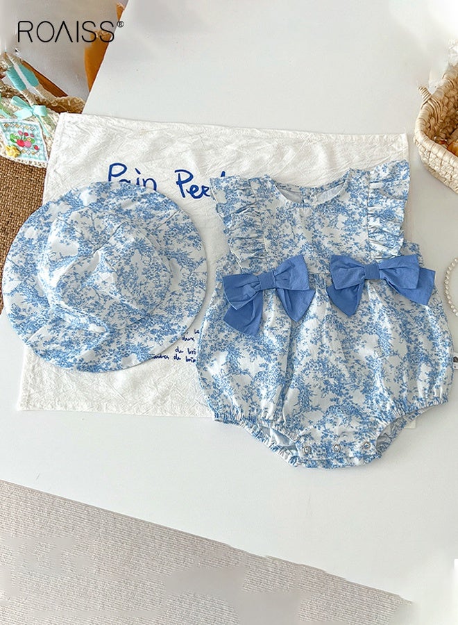 رويس بدلة صيفية للطفلة الرضيعة مع قبعة، رومبر بأكمام كشكش مزين بكشكش مع عقدة على شكل عقدة، بذلة مريحة من قطعة واحدة، طقم ملابس صيفية أنيقة للبنات الصغيرات - Image 2