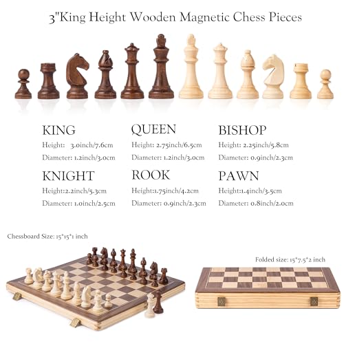A&A 15" Magnetic Wooden Chess Set/Folding Board / 3" King Height German Knight Staunton Chess Pieces/Mahogany & Maple Inlaid /2 Extra Queen - Image 3