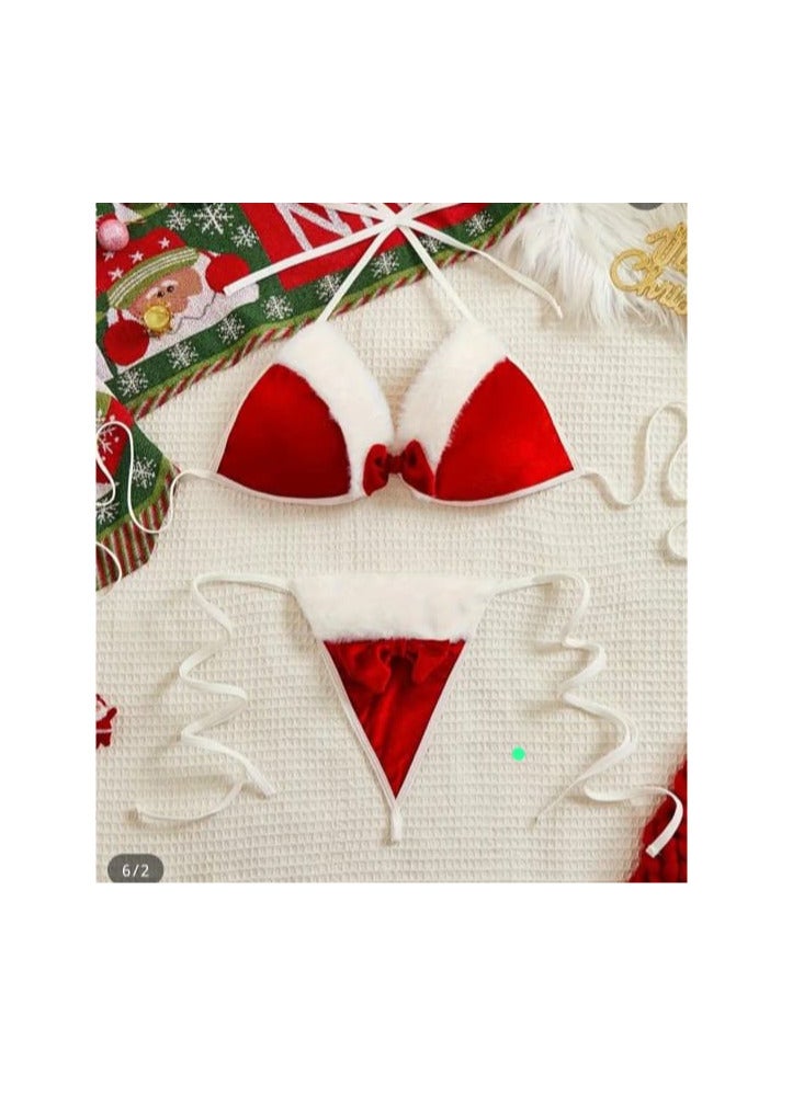 Hanady Two-Piece Bikini in Premium French Velvet with High-Quality Lycra RED and White Fur Accents - HN 6007 - Image 1