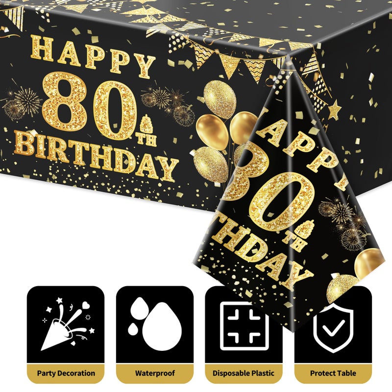 Labeol 3 Pack 80th Birthday Tablecloth, Black and Gold Happy 80th Birthday Decorations, Disposable Plastic Rectangular Table Cover Party Supplies for Men Women - Image 3