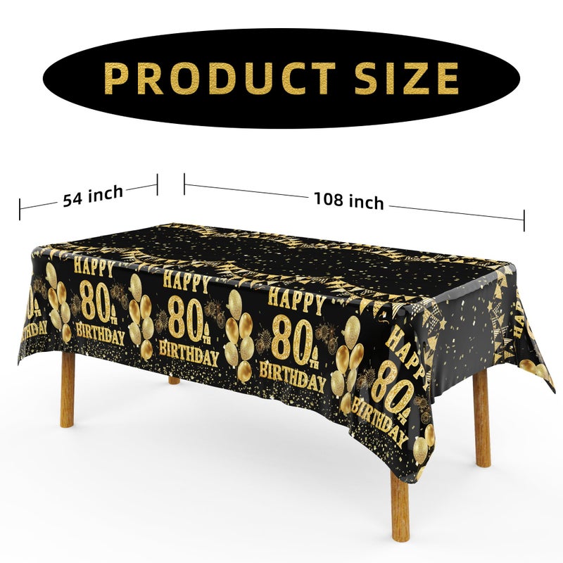 Labeol 3 Pack 80th Birthday Tablecloth, Black and Gold Happy 80th Birthday Decorations, Disposable Plastic Rectangular Table Cover Party Supplies for Men Women - Image 2