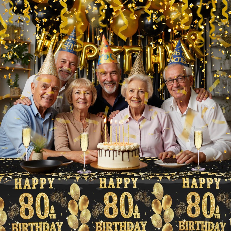 Labeol 3 Pack 80th Birthday Tablecloth, Black and Gold Happy 80th Birthday Decorations, Disposable Plastic Rectangular Table Cover Party Supplies for Men Women - Image 4