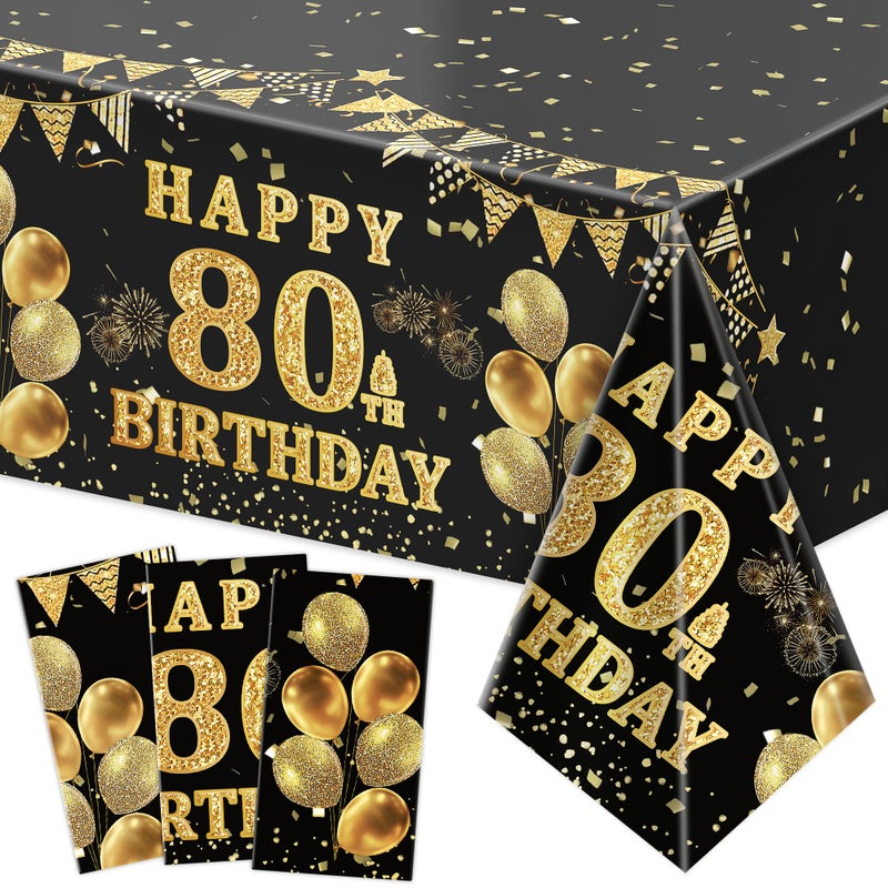 Labeol 3 Pack 80th Birthday Tablecloth, Black and Gold Happy 80th Birthday Decorations, Disposable Plastic Rectangular Table Cover Party Supplies for Men Women - Image 1