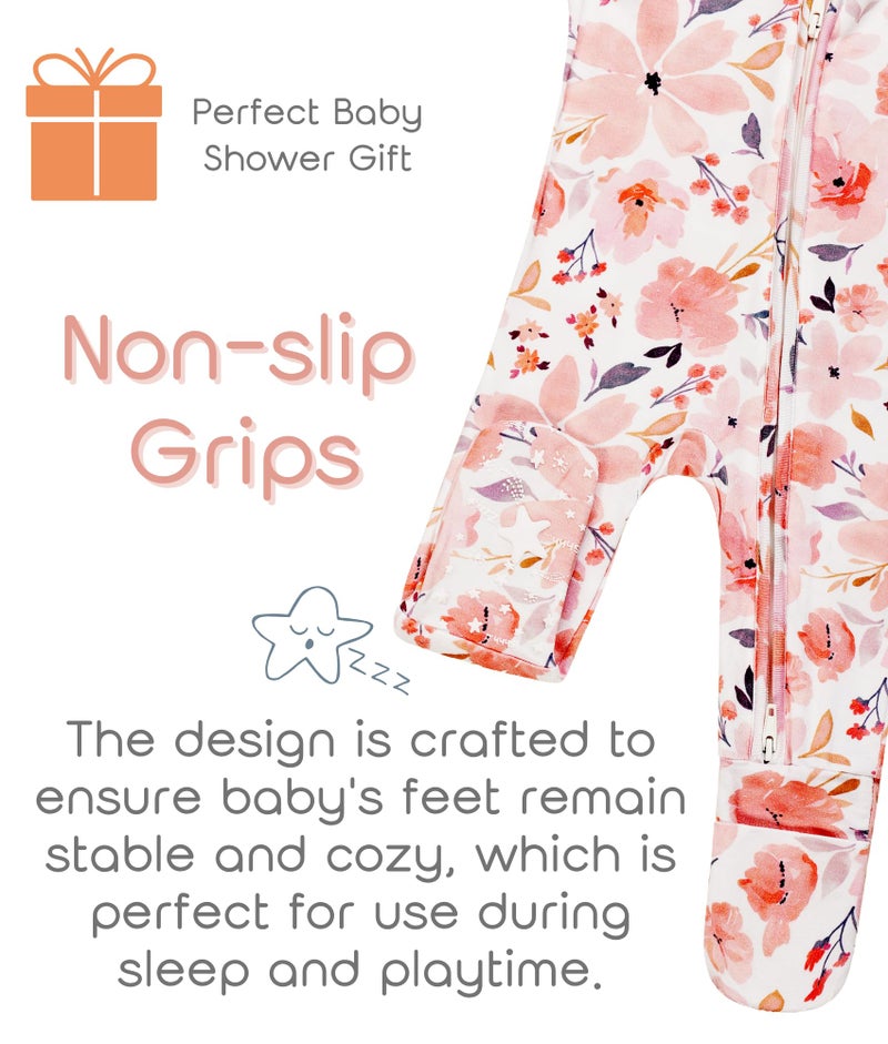 Vollmic Baby Girls Footie Pajamas 0-9 Months Rayon derived from Bamboo Floral Printed Jumpsuit for Newborn Girl 2 Packs (Light Ink Pink, 0-3 Months) - Image 5