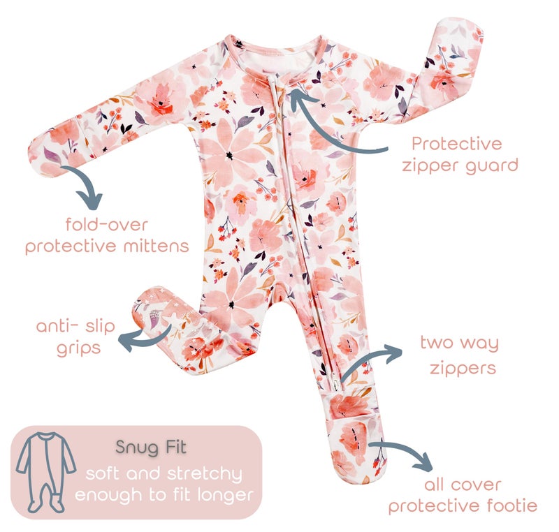 Vollmic Baby Girls Footie Pajamas 0-9 Months Rayon derived from Bamboo Floral Printed Jumpsuit for Newborn Girl 2 Packs (Light Ink Pink, 0-3 Months) - Image 3