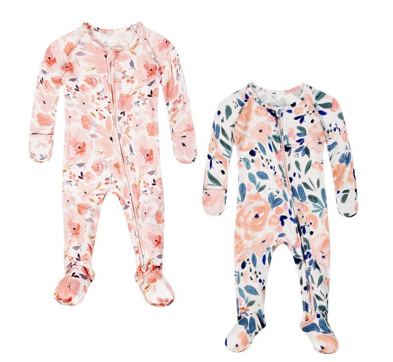 Vollmic Baby Girls Footie Pajamas 0-9 Months Rayon derived from Bamboo Floral Printed Jumpsuit for Newborn Girl 2 Packs (Light Ink Pink, 0-3 Months) - Image 1