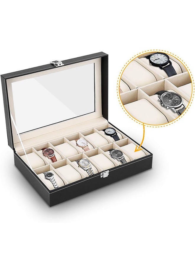 RollsTimi  12-Slot Black Faux Leather Watch Storage Box, Jewelry Box, Watch Stand with a Glass Lid, Metal Clasp Watch Box with Removable Watch Pillows, Watch Display Case, 12-Compartment PU Watch Organizer - Image 1