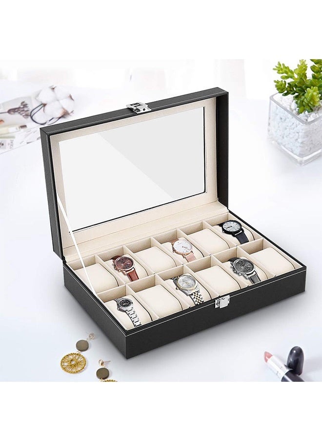 RollsTimi  12-Slot Black Faux Leather Watch Storage Box, Jewelry Box, Watch Stand with a Glass Lid, Metal Clasp Watch Box with Removable Watch Pillows, Watch Display Case, 12-Compartment PU Watch Organizer - Image 2