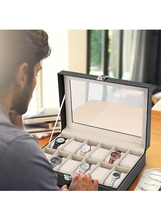 RollsTimi  12-Slot Black Faux Leather Watch Storage Box, Jewelry Box, Watch Stand with a Glass Lid, Metal Clasp Watch Box with Removable Watch Pillows, Watch Display Case, 12-Compartment PU Watch Organizer - Image 5