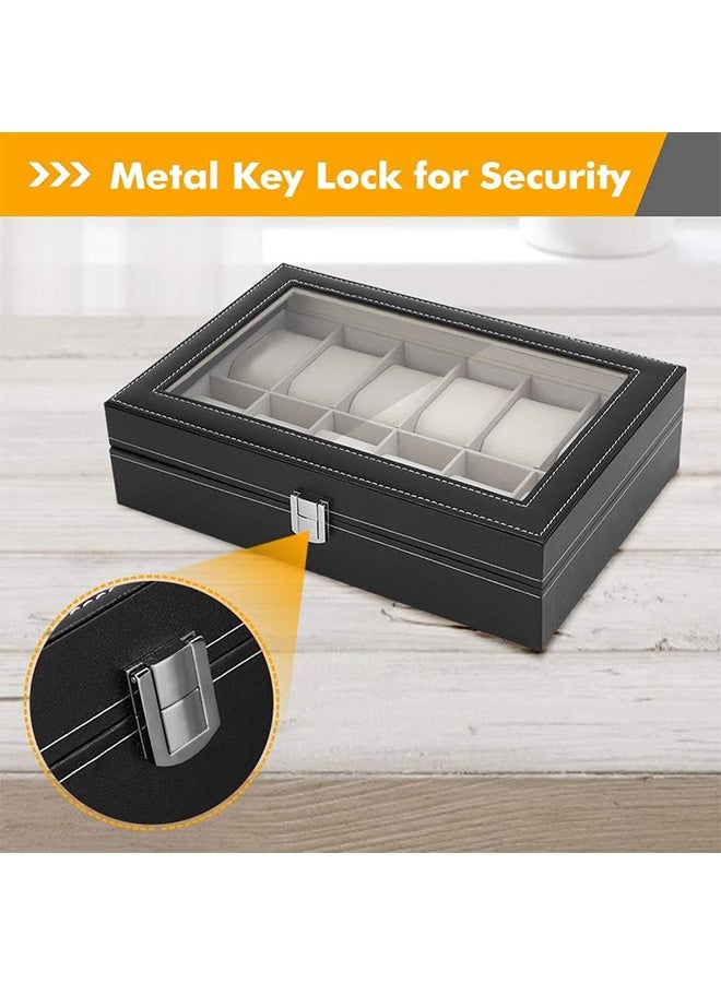 RollsTimi  12-Slot Black Faux Leather Watch Storage Box, Jewelry Box, Watch Stand with a Glass Lid, Metal Clasp Watch Box with Removable Watch Pillows, Watch Display Case, 12-Compartment PU Watch Organizer - Image 4