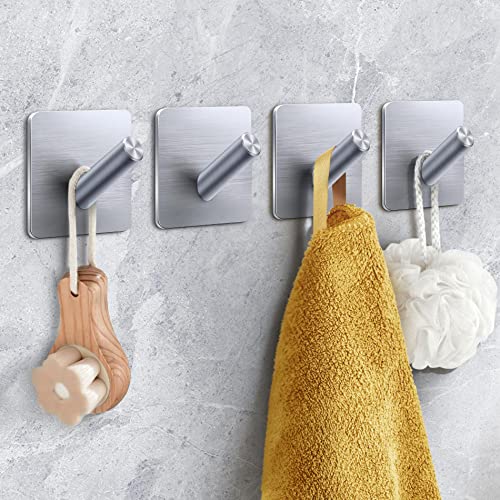 xdgeLoad Heavy Duty Adhesive Hooks, Bath Towel Hooks 4 Pack, Adhesive Wall Hooks for Bathrooms/Coat/Robe/Kitchen, Non-Punching self-Adhesive Hooks, Matte Stainless Steel Silver - Image 1