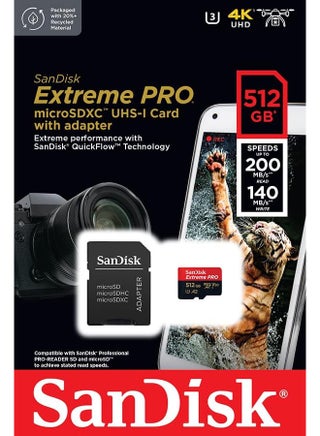Extreme Pro microSD UHS I Card for 4K Video on Smartphones, Action Cams & Drones 200MB/s Read, 140MB/s Write, Lifetime Warranty 512 GB - view 4