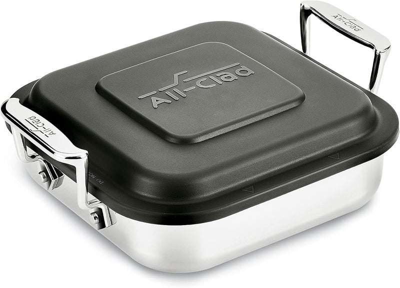 All-Clad Specialty Stainless Steel and Plastic Lid Square Covered Baking Pan 8x8 Inch Oven Broiler Safe 600F Pots and Pans Silver - Image 1