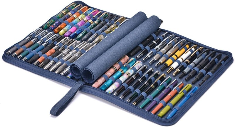 erofa 48 Slots Fountain Pen Case, Blue Water Resistant Canvas Pen Holder Display Pouch Storage Large Capacity Bag - Image 2