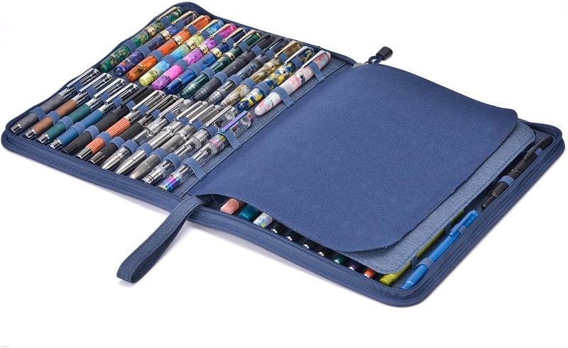 erofa 48 Slots Fountain Pen Case, Blue Water Resistant Canvas Pen Holder Display Pouch Storage Large Capacity Bag - Image 1