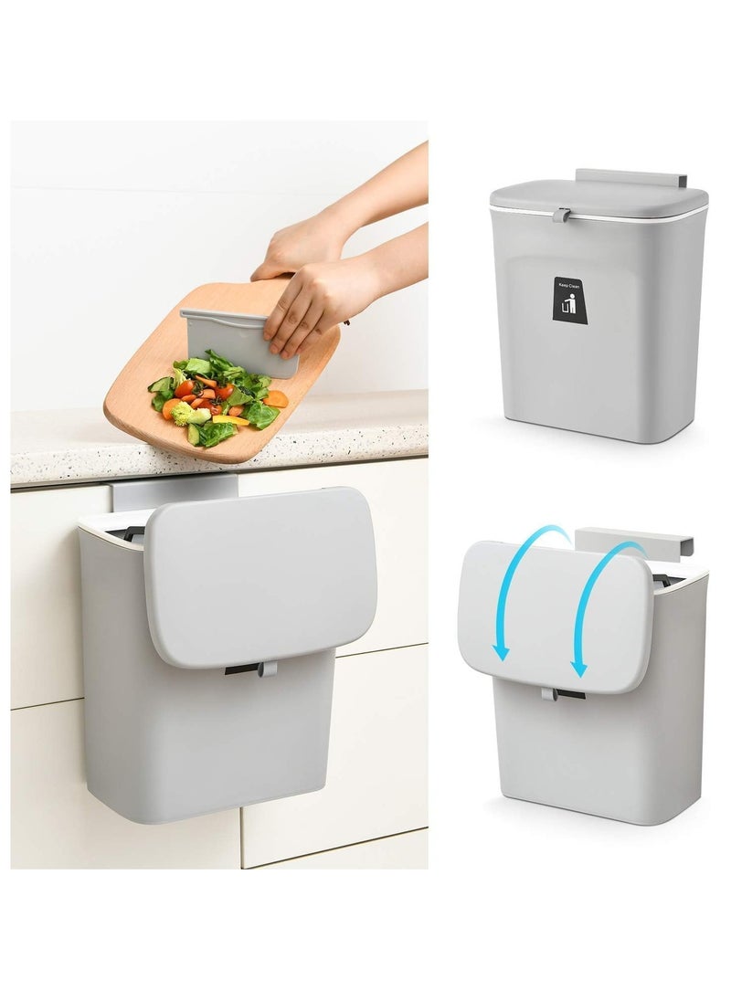 MIXDE 2.4 Gallon Hanging Trash Can for Kitchen Cabinet Door with Lid, Small Under Sink Garbage Can for Bathroom, Wall Mounted Counter Waste Compost Bin (Grey)  - Image 1
