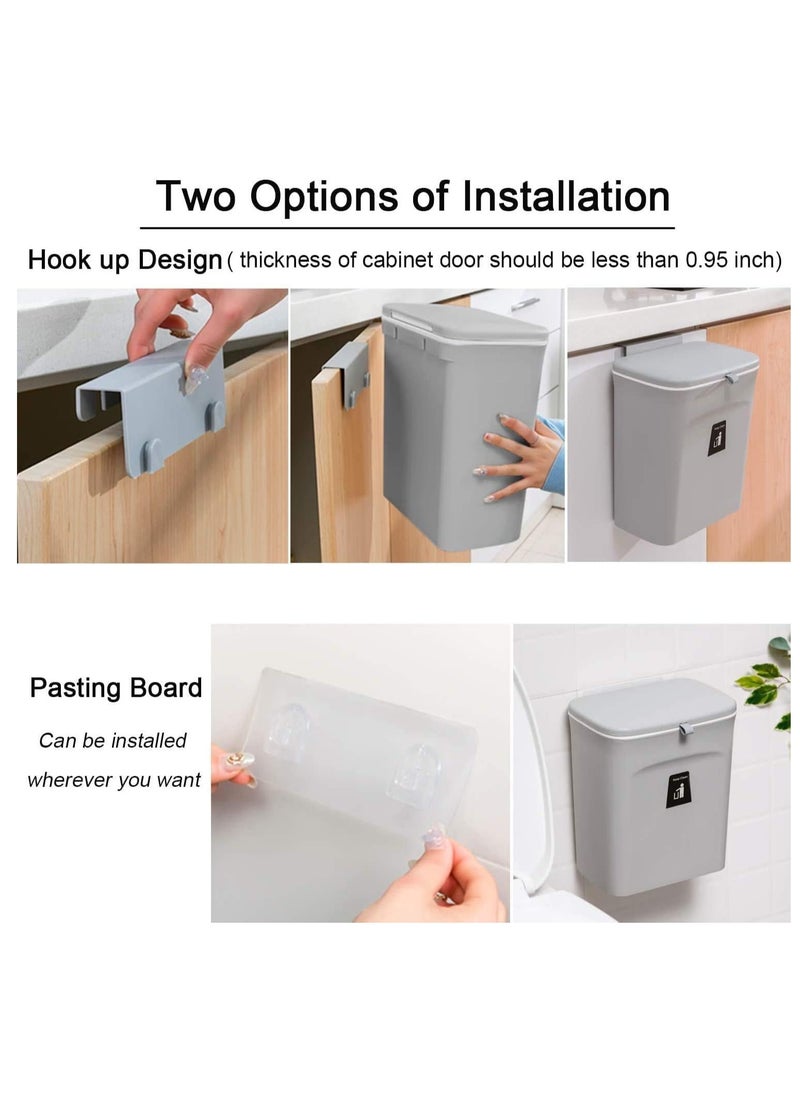 MIXDE 2.4 Gallon Hanging Trash Can for Kitchen Cabinet Door with Lid, Small Under Sink Garbage Can for Bathroom, Wall Mounted Counter Waste Compost Bin (Grey)  - Image 5