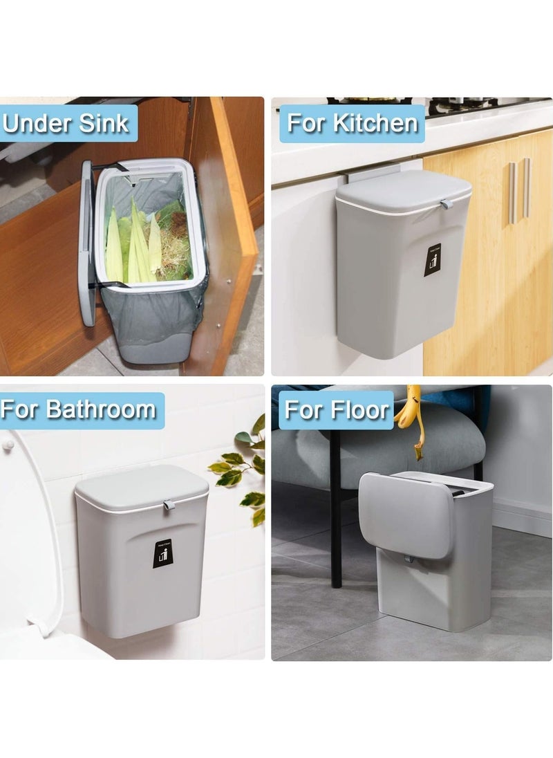 MIXDE 2.4 Gallon Hanging Trash Can for Kitchen Cabinet Door with Lid, Small Under Sink Garbage Can for Bathroom, Wall Mounted Counter Waste Compost Bin (Grey)  - Image 4