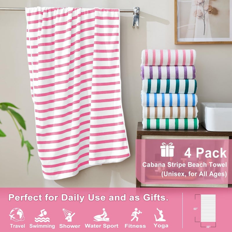 JML Beach Towels, 4 Pack, 30" x 60", Large Microfiber Bath Towel Set, Cabana Stripe, Absorbent, Quick Dry for Salon, Sauna, Hotel, Travel, Sport, Swimming, Pool, Yoga, Camping, Stripe Pink White - Image 2