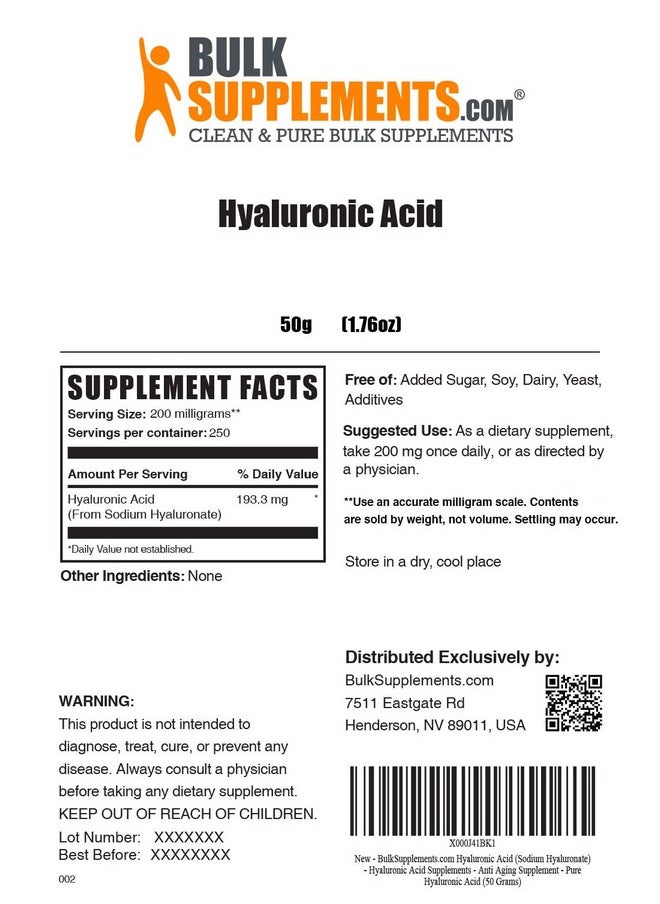 BulkSupplements - Com Hyaluronic Acid Powder Hyaluronic Acid Supplements Hyaluronic Acid 200Mg Hyaluronic Acid Food Grade 200Mg Of Pure Hyaluronic Acid Per Serving 50 Grams 18 Oz - Image 1