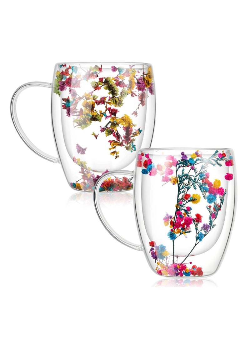 XiuWoo 2 Pcs 350 ml Double Wall Glass Coffee Mugs Clear Immortal Flower Coffee Mug with Handle Creative Insulated Heat Resistant Coffee Cups for Tea Cappuccino Espresso Latte - Image 1
