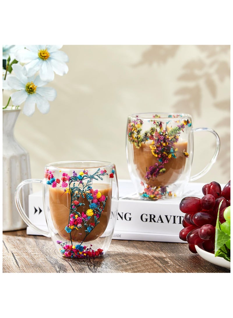 XiuWoo 2 Pcs 350 ml Double Wall Glass Coffee Mugs Clear Immortal Flower Coffee Mug with Handle Creative Insulated Heat Resistant Coffee Cups for Tea Cappuccino Espresso Latte - Image 3