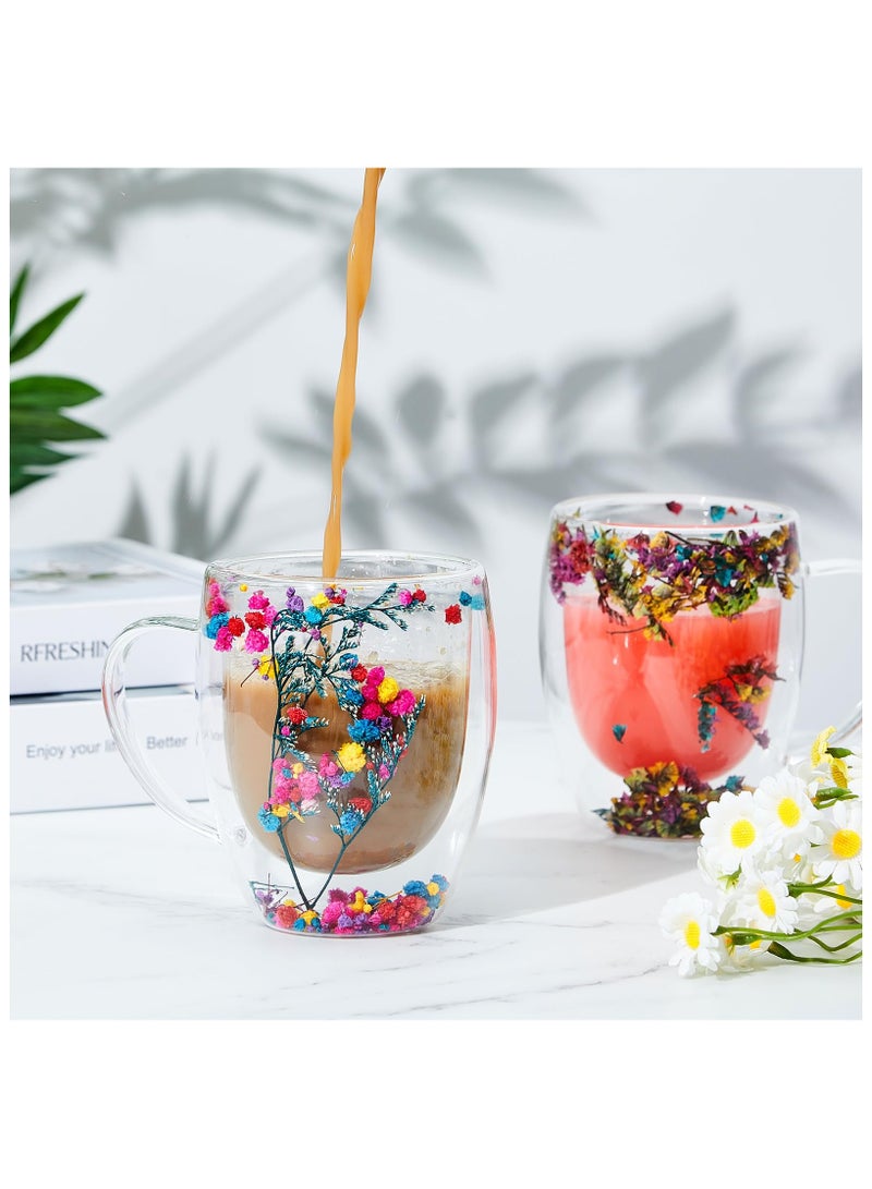 XiuWoo 2 Pcs 350 ml Double Wall Glass Coffee Mugs Clear Immortal Flower Coffee Mug with Handle Creative Insulated Heat Resistant Coffee Cups for Tea Cappuccino Espresso Latte - Image 2