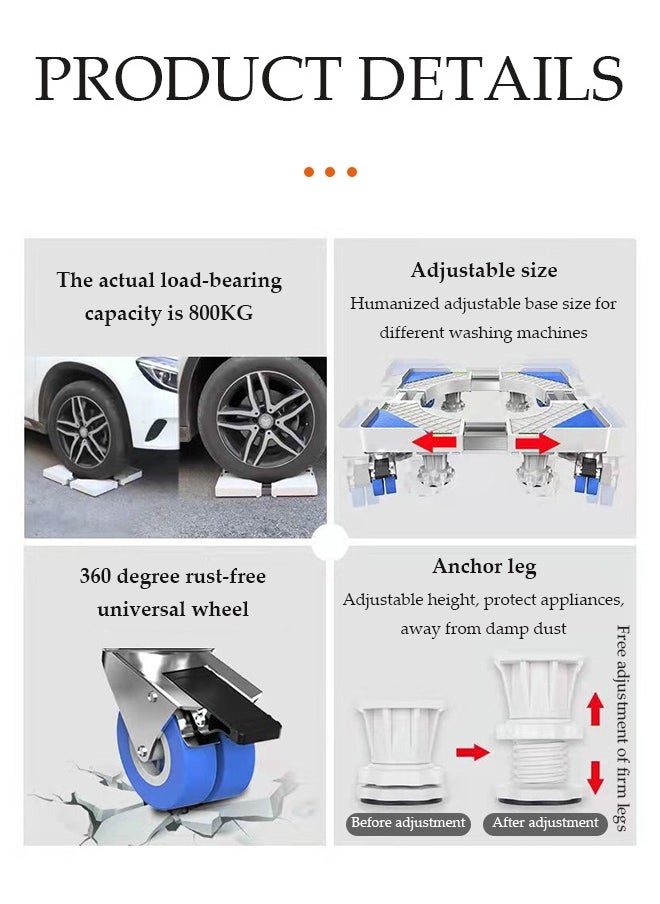 DUNISO - Washing Machine Base Stand, adjustable mobile base，with universal wheels and 4 single lock wheels, moisture resistant and durable，suitable for washing machines, dryers, refrigerators - Image 1