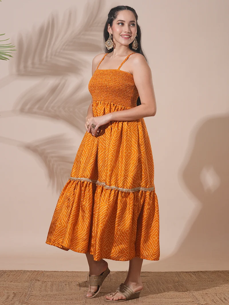 globus Globus Women Bandhani Print Shoulder Straps Sequin Lace Detailing Fit & Flare Midi Festive Dress