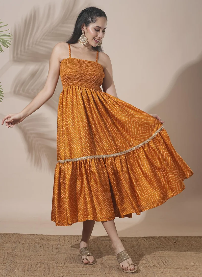 globus Globus Women's Ochre Bandhani Print Festive Ethnic Dress with Square Neck Shoulder and Smocked Design