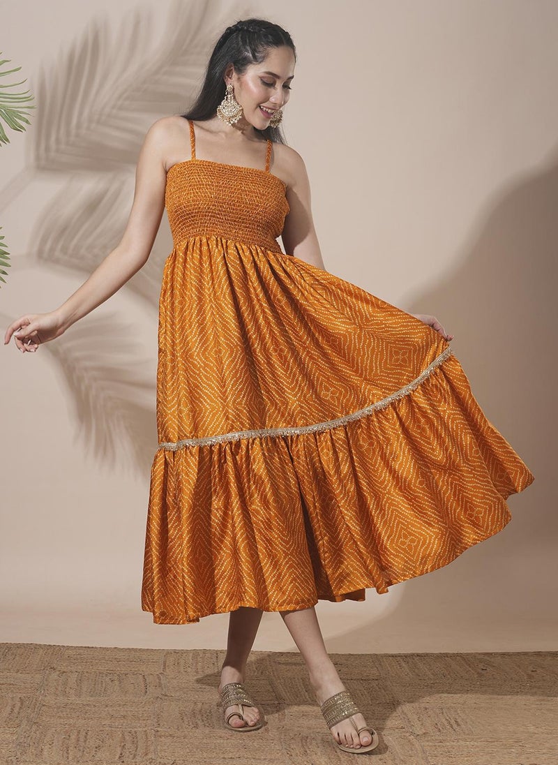 Globus Women's Ochre Bandhani Print Festive Ethnic Dress with Square Neck Shoulder and Smocked Design - Image 1
