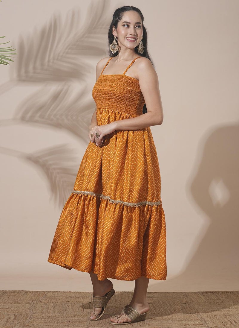 Globus Women's Ochre Bandhani Print Festive Ethnic Dress with Square Neck Shoulder and Smocked Design - Image 3